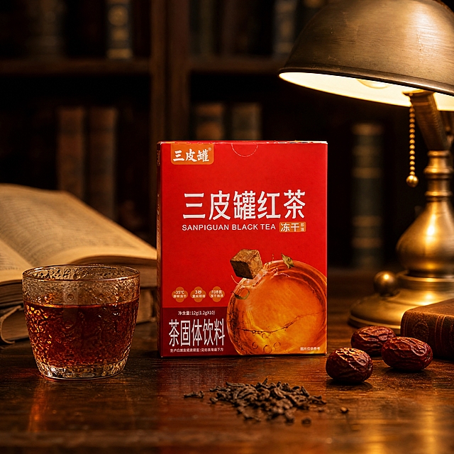 超写实商业产品摄影。
主体：三皮罐红茶红色包装盒严格参照上传产品图，完整保留所有可见组件、轮廓、结构、比例、材质、颜色与产品本体上的文字信息（logo/品名/规格/参数等），与上传图完全一致；自然融入场景光影，与场景共处同一物理空间。产品占画面约50%，完整不裁切，背景无其他同类产品包装。
构图：45度微俯拍，居中构图，产品平稳放置于桌面。
风格：复古中古风。
场景：深夜书房桌面，暖光台灯氛围。
空间：①背景，深胡桃木色复古书架，模糊虚化，隐约可见书脊；②承载面，深棕色做旧实木桌面，木纹沧桑有质感；③右侧，一盏复古黄铜台灯，灯罩朝下投射暖光。
陪衬物：①产品左侧，一只复古玻璃红茶杯，杯中盛有透亮红棕色茶汤，杯壁凝有细密水珠；②产品后方，一本摊开的硬皮精装书，书页泛黄；③桌面散落几颗干红枣和一小撮红茶叶。
动态生机：杯壁冷凝水珠晶莹剔透，折射光线。
配色/材质：正红/深棕/黄铜色/琥珀红；纸质包装/做旧实木/黄铜/玻璃/皮革书脊。
光影：主光来自右上方复古台灯，聚光式暖黄色光线聚焦产品正面，形成明暗对比强烈的伦勃朗光效；环境光偏暗，突出主体，整体暖调复古氛围浓厚。
参数：4K超写实，商业摄影质感，浅景深背景虚化。严格锁定宽高比为1:1。