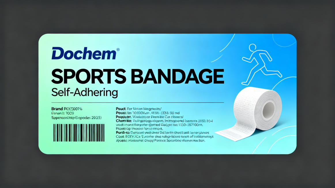 全新设计绷带卷横版不干胶标签，全英文设计，品牌名Dochem，主品名SPORTS BANDAGE，小类Self-Adhering。整体设计灵动透气，减少大段黑体文字占比，保留规格、品牌代码、产地、产品预览效果