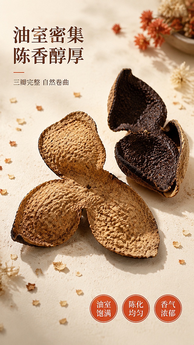 [第4屏] 质地特写-新会陈皮三瓣形态微距细节展示。本屏使用【图4】【图5】作为陈皮主体。
[氛围/风格] 微距质感，真实自然，突出陈皮纹理与油室细节，商业摄影级特写。
[元素布局] 画面中央展示一片完整三瓣新会陈皮，呈自然舒展状态，占比约55%-60%；陈皮内囊朝上，清晰可见密集油室点与褶皱纹理；旁边斜放另一片陈皮外囊面，深褐色油亮质感；背景为浅米色哑光台面，散落少量陈皮碎末与干花点缀；陈皮形态、颜色、纹理与输入图一致，三瓣完整。
[光影质感] 侧上方45°柔光，突出陈皮表面凹凸纹理与油室颗粒感，底部柔和阴影，层次分明，质感真实。
[配色色系] 全局底色 #F0E8D8（浅米棕）；主色深棕 #6B4423、浅棕 #C49A6C；辅助色橘红 #D94F20、米白 #FAF6ED。
[视角构图] 俯视45°角，微距特写，阅读动线顶部标题 → 中部陈皮主体 → 底部卖点标签。
[文字版式] 左上角主标题「油室密集 陈香醇厚」，宋体，深棕色；下方小字副标题「三瓣完整 自然卷曲」；右下角三个圆形标签：「油室饱满」「陈化均匀」「香气浓郁」，橘红底白字圆形徽章式；文字不遮挡陈皮主体。
[比例分辨率] 9:16 竖版比例，4K 分辨率，文字清晰可辨，高清画质。
[负向提示词] 陈皮变形，颜色偏差，纹理模糊，碎渣过多，水印，文字错乱，背景杂乱。