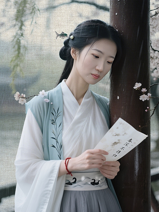 工笔风与水墨意境交融，古典中式美人倚柱读信，朦胧雨景衬托婉约诗意，刺绣细节呼应浮世绘美学，尽显优雅文艺之美。