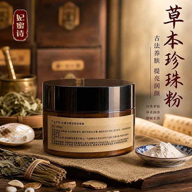 [主图-1] 首图品牌调性，突出妃蜜诗雪珍珠珍珠粉的草本中药护肤定位与产品质感。
[统一基调] 中药草本风格，古朴典雅，主色调为深棕红+米黄宣纸色+暗绿色点缀，主标题用书法宋体，辅助文字用简洁宋体，整体传递传统草本养肤的专业品质感。
[画面] 产品罐居中偏右，占画面约60%，罐身标签文字清晰可见，黑色盖子和琥珀色罐体保持原样。背景为中式中药铺场景虚化：左侧有古朴木质药柜抽屉、铜制药臼、干草本植物（艾草、珍珠母贝、中草药束）散落点缀，右侧有宣纸卷轴、青花瓷小碟盛着细腻珍珠粉。产品放置在深色木质台面上，台面铺有米黄色亚麻布，营造传统中药房氛围。左上角放置妃蜜诗品牌印章式Logo。
[光影质感] 柔和侧光从左上方打下来，产品罐身有自然高光反射，珍珠粉呈现细腻光泽，木质台面有柔和接触阴影，整体暖调柔光，商业摄影质感。
[配色] 主色深棕红、米黄宣纸色，点缀暗绿色草本叶、珍珠白色，背景为暖棕色虚化中药铺场景。
[文字版式] 左上角品牌印章Logo。右侧竖排主标题大字"草本珍珠粉"，下方副标题"古法养肤 提亮润颜"，再下方三行小卖点"珍珠萃取 补水润养 细腻柔滑"。文字均为深棕红色，主标题最大，辅助文字缩小50%以上，放在右侧负空间不遮挡产品。
[输出要求] 1:1正方形，2048x2048，产品清晰不变形，文字清晰可读，无错字，无水印，无平台Logo，无多余杂物。