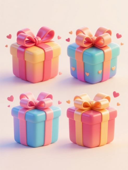3D立体风格的礼物盒插画，四个不同配色、不同样式、不同材质的礼物盒，每个礼物盒都有大而华丽的缎带蝴蝶结，上下两行整齐排列，浅色背景，高饱和度色彩，圆润边角设计，表面有细腻的光泽感和渐变效果，周围点缀着小爱心装饰，营造出欢快、喜庆、充满惊喜的双11促销氛围，整体构图简洁明快，视觉层次清晰，适合作为促销海报元素。预览效果