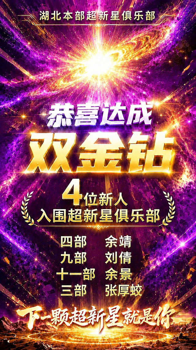 保持原图所有文字内容和排版不变，将整体主色调调亮，增强中央超新星爆炸的视觉冲击力，增加创意性爆闪发光效果和粒子发散动态感，保留紫金色星空风格，仍为9:16竖版海报