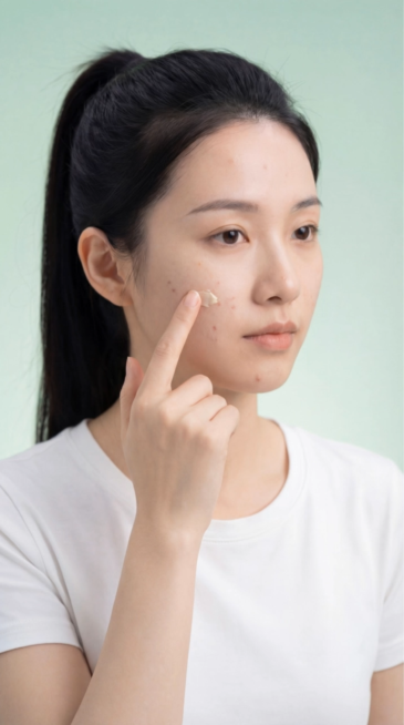 画面初始状态为模特穿着纯白色短袖T恤，指腹取少量米黄色祛痘霜，对准脸颊的痘痘部位，做好点涂准备，画面亮度均匀，浅绿渐变背景干净统一；模特以极舒缓的节奏，用指腹轻轻将祛痘霜点涂在脸颊的痘痘上，点涂过程中预览效果