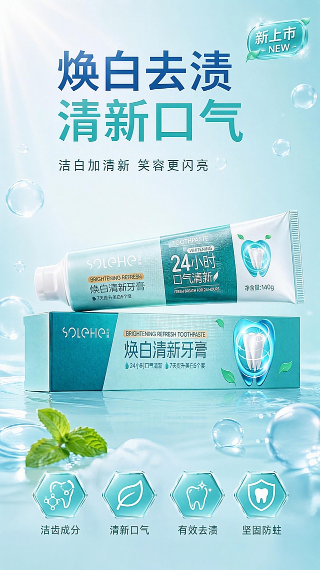 [第1张] 详情页头图主视觉 - 焕白清新牙膏产品海报。本张使用【图1】牙膏管作为上层产品主体，【图2】牙膏盒作为下层产品主体，参考图【图3】的版式结构和设计语言。
[氛围/风格] 清新通透的口腔护理海报风，浅蓝薄荷绿渐变背景，水光气泡质感，商业摄影级高级感，干净明亮。
[元素布局] 画面中上区域为大标题主视觉；中下部产品组合展示：牙膏管斜放在牙膏盒上方，形成层次堆叠，产品整体占画面约45%-55%；左下角和右下角点缀透明水气泡、薄荷叶元素；底部为四个六边形功效图标区。牙膏管和牙膏盒的外观结构、颜色、品牌标识、文字排版与输入产品图完全一致，不得修改包装内容。
[光影质感] 左上方柔和主光，右侧辅助光，产品底部自然投影，整体通透明亮，牙膏管身有细腻高光，体现质感。
[配色色系] 全局底色 #E8F6F8 浅青蓝渐变；主色青绿色 #2CB3A7；辅助色白色、深湖蓝 #1A6FB5；点缀色薄荷绿。
[视角构图] 正面微仰视，产品为视觉中心，阅读动线：顶部大标题 → 中部产品组合 → 底部四个卖点图标。
[文字版式] 版式参考参考图结构：上半区大标题 + 中部产品 + 底部图标。主标题两行，第一行深蓝色大字"焕白去渍"，第二行青绿色大字"清新口气"；主标题下方一行小字副标题"洁白加清新 笑容更闪亮"；右上角"新上市 NEW"角标；底部四个六边形图标，从左到右依次为："洁齿成分"、"清新口气"、"有效去渍"、"坚固防蛀"，每个图标配对应简笔画图标。所有文字清晰可读，不遮挡产品主体。
[比例分辨率] 9:16 竖版比例，4K 分辨率，文字清晰可辨，高清画质。
[负向提示词] 产品变形，包装文字错乱，颜色偏差，水印，文字模糊过小，缺件错件，背景杂乱，产品图模糊，结构错误。