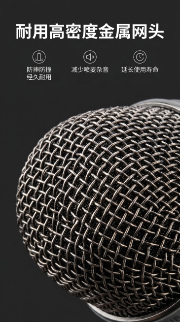 [主图 8] OKOP万能麦克风耐用金属网头细节展示。[氛围风格] 微距特写突出材质，专业质感。[画质] 商业摄影质感，细节清晰锐利，画面干净高级。[元素] OKOP麦克风顶部金属网头微距特写，展示高预览效果