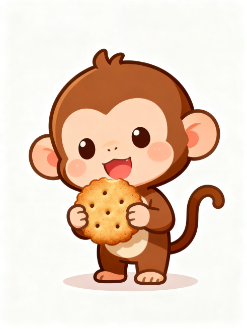 一只可爱的卡通小猴子，手里拿着一块猴头菇饼干，形象活泼俏皮，画风卡通清新，色彩明亮柔和，背景简洁干净，整体画面充满童趣预览效果