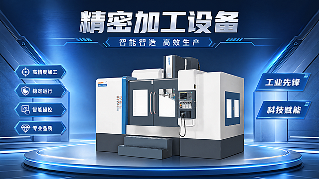 生成一张机器生产零件的展厅海报，整体蓝色调，科技感工业风，产品为图片中的工业精密数控加工中心，100% 还原上传商品图的产品外形、包装、LOGO、印刷文字、净含量，以上传图为唯一商品主体来源，完整保留原图中的结构、比例、轮廓、材质质感、颜色与正面朝向。主标题"精密加工设备"，副标题"智能智造 高效生产"，装饰文案"工业先锋""科技赋能"，卖点分别为"高精度加工""稳定运行""智能操控""专业品质"。版式精美，整体蓝色科技感展厅背景，硬朗光影，金属质感渐变背景，产品主体居中，文字不遮挡产品主体，画面主次分明，整体风格专业科技，分辨率超高清，构图精简整洁，比例16:9