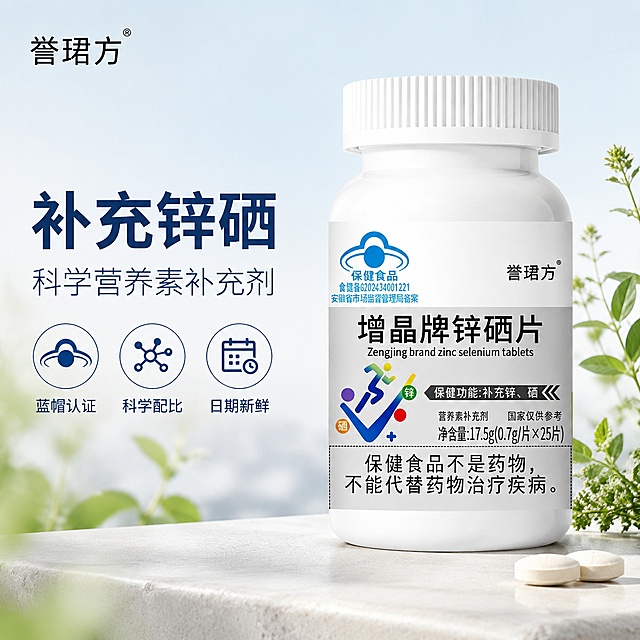 [单张主图] 增晶牌锌硒片，高级氛围感主图，淘宝天猫电商主图，传递科学营养的专业信任感。
[画面主体] 增晶牌锌硒片瓶身居中偏右，占画面50%，瓶身保持产品外观、物理结构、材质质感、颜色和文字信息与输入产品图绝对一致，杜绝任何变形、色差和模糊，精细化处理瓶身标签。左上角保留誉珺方品牌标识，字形、颜色、比例与原图完全一致。
[构图版式] 采用左文右物场景型版式，左侧大面积留白，产品放右侧放大，底部干净浅色台面承托。
[场景元素] 背景是浅蓝渐变到米白的柔和墙面，搭配几株新鲜绿色草本植物点缀，台面为浅灰色哑光石材质感，右下角放置2粒锌硒片实物作为细节展示，画面干净通透，无多余杂乱元素。
[文案版式] 左侧留白从上到下排版：大号字"补充锌硒"，下方小号字"科学营养素补充剂"，底部三个线框圆形轻图标分别标注"蓝帽认证"、"科学配比"、"日期新鲜"，所有文字清晰可读，不遮挡产品主体。
[光影质感] 主光为左侧自然柔光，辅光为右侧补光，瓶身有柔和高光和自然投影，背景浅景深虚化，整体通透干净，专业保健食品的科学质感。
[配色字体] 主色浅蓝米白，辅助色提取产品标签的蓝色和绿色，强调色为深蓝色；字体主标题用轻无衬线粗体，辅助文案用细无衬线，字重对比清晰，字色与背景强对比。
[比例分辨率] 1:1比例，2K分辨率，文字清晰可辨，超高清商业摄影质感。
[负向提示词] 变形，文字错乱，产品图模糊，背景杂乱，水印，电商平台Logo，错字，伪Logo，主体遮挡，夸大功效文案