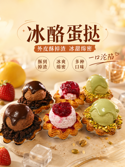 商业美食海报，尺寸比例3:4，写实商业摄影风格，上方留出logo位置。主标题"冰酪蛋挞"，副标题"外皮酥掉渣 冰甜绵密"，装饰文案"一口沦陷"，卖点标签"酥到掉渣""冰爽绵密""多种口味"。展示六种口预览效果