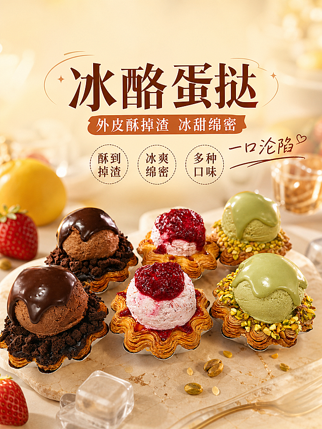 商业美食海报，尺寸比例3:4，写实商业摄影风格，上方留出logo位置。主标题"冰酪蛋挞"，副标题"外皮酥掉渣 冰甜绵密"，装饰文案"一口沦陷"，卖点标签"酥到掉渣""冰爽绵密""多种口味"。展示六种口味的冰酪蛋挞，100%还原上传商品图的产品外形、口味搭配、颜色与结构，商品主体保持原图样貌。整体风格浓郁甜蜜，营造食欲感，暖光氛围感，清晰展示酥皮纹理和冰淇淋内馅，产品位于画面中下部分，文字排版精美，层级分明，干净清晰。