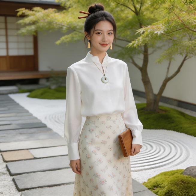 同一个20-25岁长相甜美的年轻东亚女生，全身照，从正面偏45度角度拍摄，展示图中的这件白色立领水滴扣上衣，搭配米白色碎花半身裙，上衣不塞下装。女生留低丸子头，用木质发簪固定，几缕碎发修饰脸颊，佩戴木预览效果
