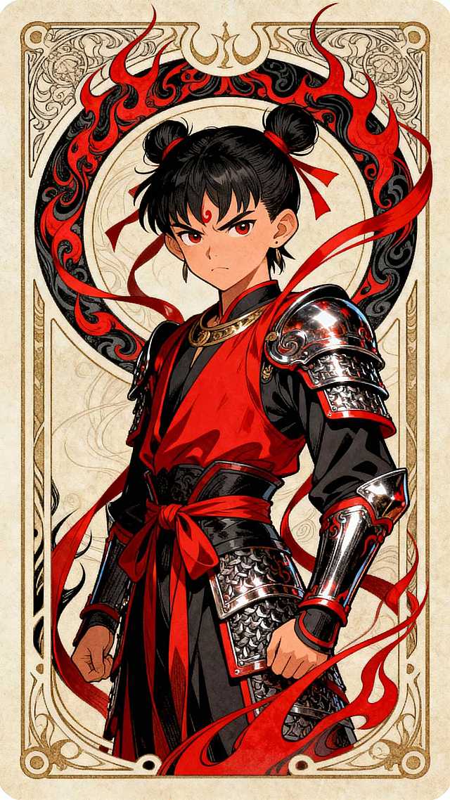 哪吒半身，站在画面中间，周围全是火焰环绕的纹样，红黑配色