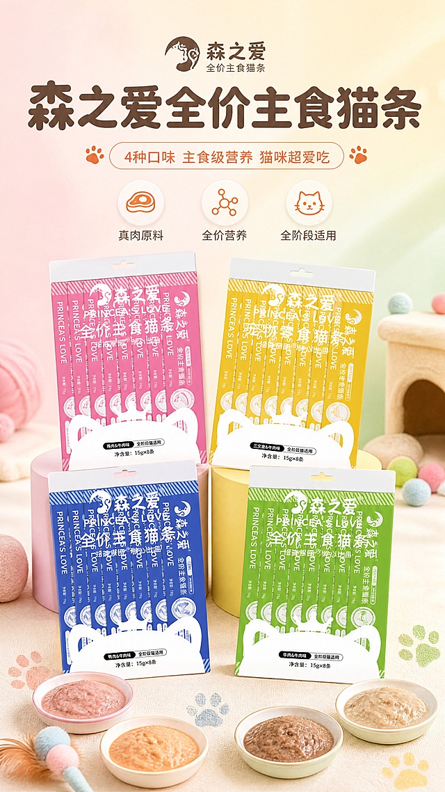 [商品] 使用【图1】4款森之爱全价主食猫条（粉色鸡肉味、黄色三文鱼味、蓝色鸭肉味、绿色牛肉味）；保留每款包装的竖条独立装结构、猫耳造型外袋、品牌Logo、产品名称文字、15g×8条标识、颜色和材质；4款包装同框展示，比例和结构与原图一致，不改变包装文字内容。
[画面] 目标：食欲氛围头图，4口味全家福展示。构图：上文下图，顶部标题区，中部4款猫条包装呈扇形/阶梯式错落摆放，产品占画面65%，底部前景点缀真实肉泥小碟、猫爪印、小羽毛玩具；背景为柔和马卡龙渐变，营造温馨治愈的宠物食品氛围；阅读动线从上至下，前中后景层次分明。
[视觉] 套系策略：风格=温馨治愈宠物食品商业摄影风；标题字=圆润可爱粗体无衬线；正文字=简洁无衬线体；主色=柔粉+鹅黄+浅蓝+嫩绿四色搭配；背景延展=基于四色做柔和渐变、同色深浅层级和细腻哑光质感；强调色=暖橙色，仅用于小面积图标、引线和标签；标题色=深棕灰；正文色=中暖灰；组件=圆角浅底信息卡、细线引线、猫爪形图标；光影=左前侧暖柔光，柔和自然阴影。
[文字] 顶部居中主标题「森之爱全价主食猫条」，副标题「4种口味 主食级营养 猫咪超爱吃」，下方3个短卖点图标：真肉原料、全价营养、全阶段适用；文字区不遮挡包装主体和品牌Logo；所有文字横向排版。
[规格] 图片比例9:16竖版，4K分辨率，负向提示：避免变形、错字、文字过小、包装颜色改变、结构失真、极限词、医疗功效承诺、猫咪生病画面。