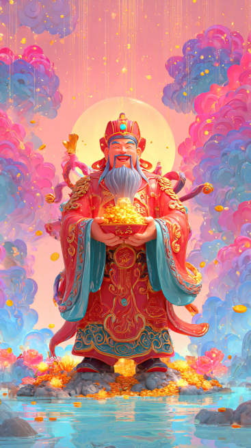 主体：一位Q版的财神爷，位于画面中心，面带微笑，身穿红色官服，头戴官帽，双手各捧一个装满金元宝的金色宝箱。
材质与光效：财神的官服和皮肤不再是普通的布料和皮肤质感，而是半透明的七彩琉璃质感，边缘散发着预览效果