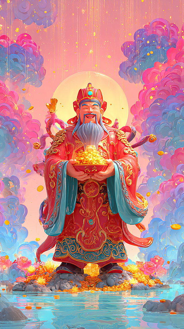 体：一位Q版的财神爷，位于画面中心，面带微笑，身穿红色官服，头戴官帽，双手各捧一个装满金元宝的金色宝箱。 材质与光效：财神的官服和皮肤不再是普通的布料和皮肤质感，而是半透明的七彩琉璃质感，边缘散发着柔和的光晕。衣服上的金色纹饰发出明亮的光芒，胡须如同流动的墨色光丝。 背景：背景是梦幻的七彩天空，天空中漂浮着层层叠叠的彩色祥云（粉色、蓝色、紫色），祥云发出柔和的光。 新增特效：天空中下着金币雨和七彩