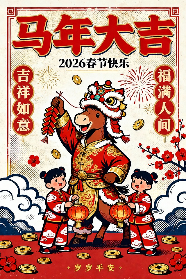 国潮风插画，拟人化骏马戴舞狮头饰，穿唐装举鞭炮，两侧童子提灯笼，红金配色喜庆十足，版画质感结合卡通元素，印刷风边框点缀祥云梅花，寓意2026马年大吉。