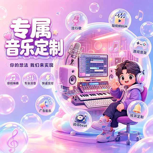 [主图-1] 服务主题与场景 吸睛首图。音乐定制制作服务主图，展示服务核心内容，让用户第一眼知道这是什么服务、能帮我做什么音乐。
[统一基调] 可爱泡泡风高级感视觉系统。背景主色为渐变马卡龙粉紫蓝泡泡色，大量半透明彩色气泡漂浮，气泡带有珠光质感和彩虹高光。整体风格梦幻、精致、高级，泡泡元素圆润饱满，有玻璃质感和柔和光晕。标题字色为白色带粉紫渐变描边，辅助字色为深紫色，强调色为荧光粉和天蓝色。字体为圆润可爱的无衬线粗体，带轻微立体泡泡效果。卡片和图标均为圆角泡泡形状，带柔和阴影和高光。
[画面] 画面中心是一个大型的音乐工作室场景泡泡，像水晶球一样，里面有专业的音乐制作设备：调音台、监听音箱、麦克风、MIDI键盘、电脑上的编曲软件界面，设备都设计成可爱圆润的泡泡风格。水晶球周围漂浮着各种音乐类型的小泡泡标签：流行歌、广告配乐、短视频BGM、游戏音效、铃声定制、说唱beat，每个小泡泡里有对应的图标和文字。画面右侧有一个可爱的Q版音乐制作人形象，戴着耳机，比出OK手势，形象专业又亲切。背景是渐变粉紫色天空，大量大小不一的半透明气泡漂浮，有的气泡里有音符、星星、爱心等小装饰。左侧留出负空间放置主标题文字。主体占比约65%。
[光影质感] 柔和梦幻的光影效果，主光从左上方来，气泡表面有明显的高光和折射效果，呈现玻璃珠般的通透质感。水晶球内部的工作室有温暖的灯光，外部有光晕效果。人物和设备有柔和的阴影，整体光线均匀明亮，色彩饱和度适中偏高，营造高级梦幻感。
[配色] 主色调：粉紫渐变、天蓝色、嫩粉色、奶白色；辅助色：荧光粉、薄荷绿、鹅黄色、金色；文字色：白色主标题、深紫色辅助文字。背景为渐变粉紫蓝泡泡色，场景色作为环境色融入整体。
[文字版式] 左上角放置主标题，大字号圆润泡泡字体，白色带粉紫渐变描边和轻微立体效果。主标题文字："专属音乐定制"。主标题下方是副标题，较小字号深紫色圆润字体："你的想法 我们来实现"。副标题下方有三个小泡泡图标横向排列，分别标注："原创编曲"、"专业混音"、"快速交付"，每个文字在一个小泡泡里。文字整体放在左侧负空间，不遮挡主体水晶球和人物。
[输出要求] 比例1:1，文字清晰可读，主体清晰突出。负向：变形、错字、模糊、杂乱、水印、平台Logo、廉价感、过于幼稚、元素堆砌、颜色脏污。
