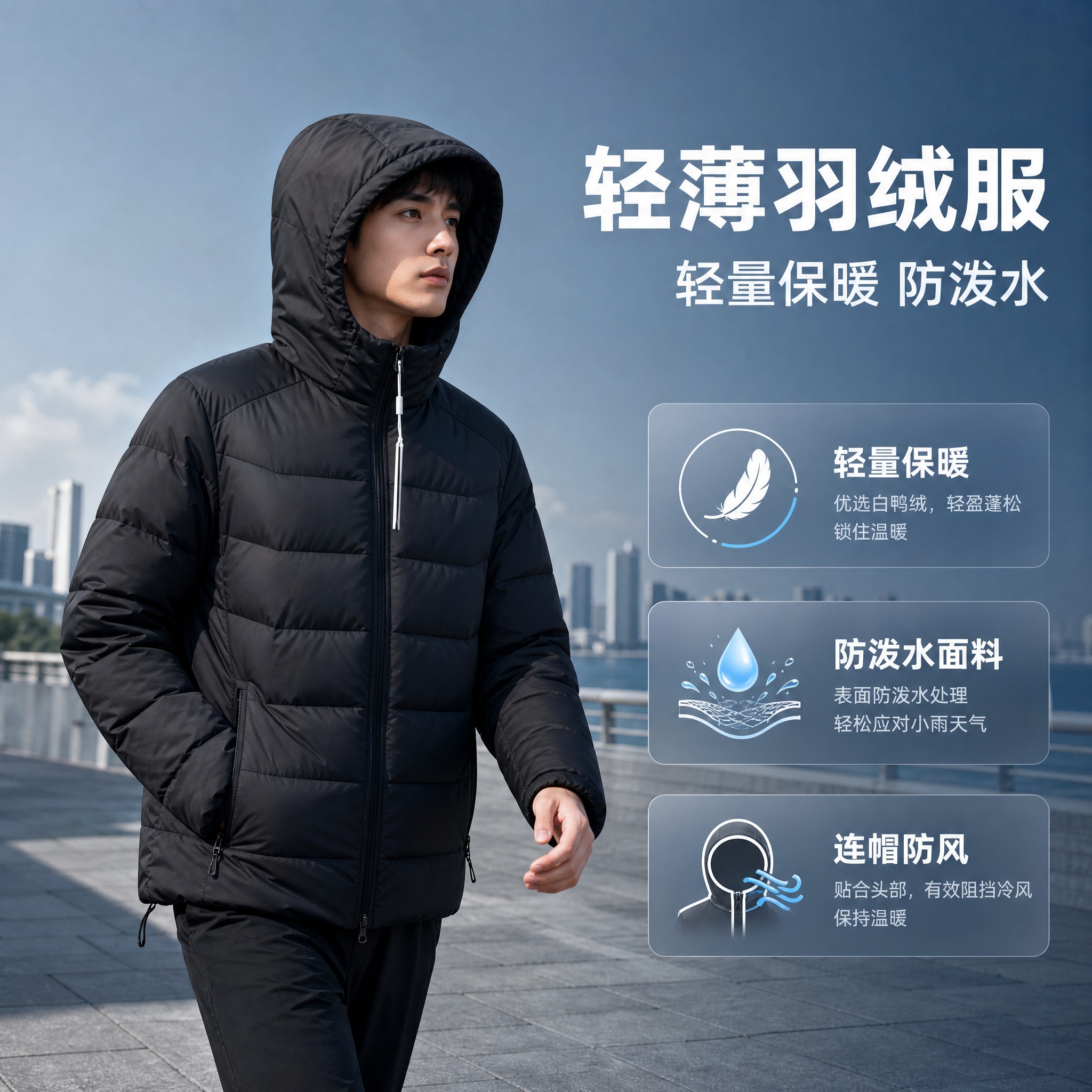 [主图-1] 核心卖点首图，展示男士轻薄连帽羽绒服的轻量保暖与… - 图片创意预览