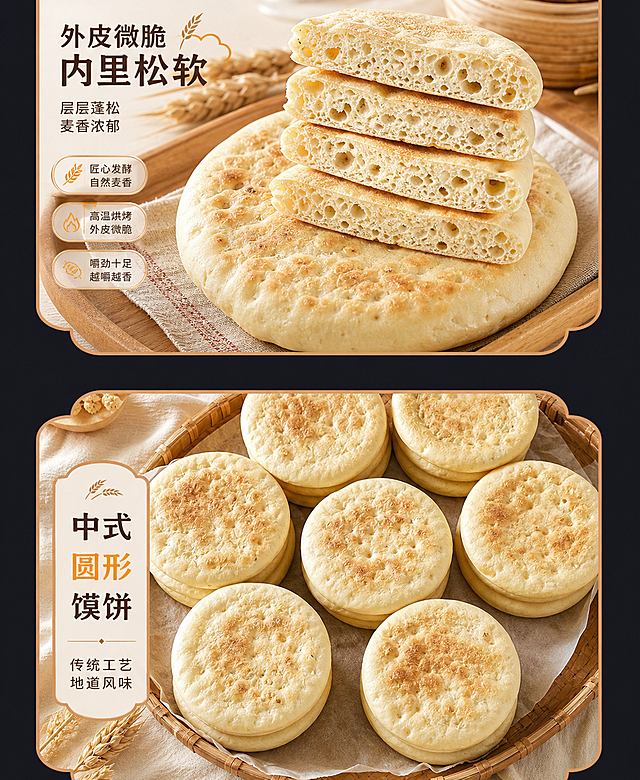 「图片1」面饼纹理随机变化一下，角度稍微调整一下，要求整体接近但是不能是同一张图，卖点文字内容不变，重新排版一下不能和原来的一样，背景参考原图修改一下相比原图需要有较大差异，图片尺寸不变