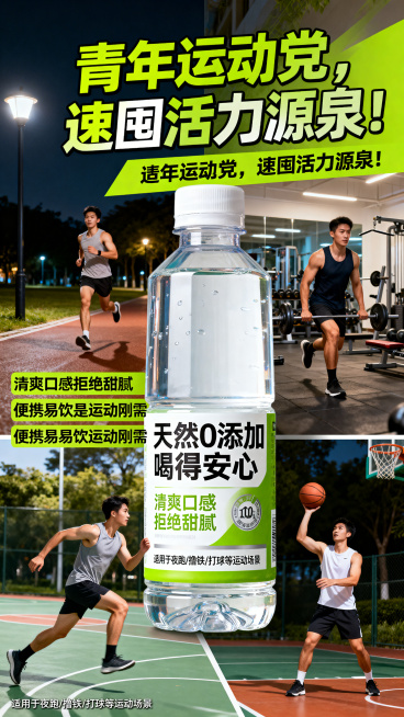 运动饮料宣传海报，标题为"青年运动党，速囤活力源泉！"，卖点：天然0添加喝得安心、清爽口感拒绝甜腻、便携易饮是运动刚需，适用于夜跑、撸铁、打球等运动场景，整体风格青春活力，明亮动感，展示便携瓶装饮料，预览效果