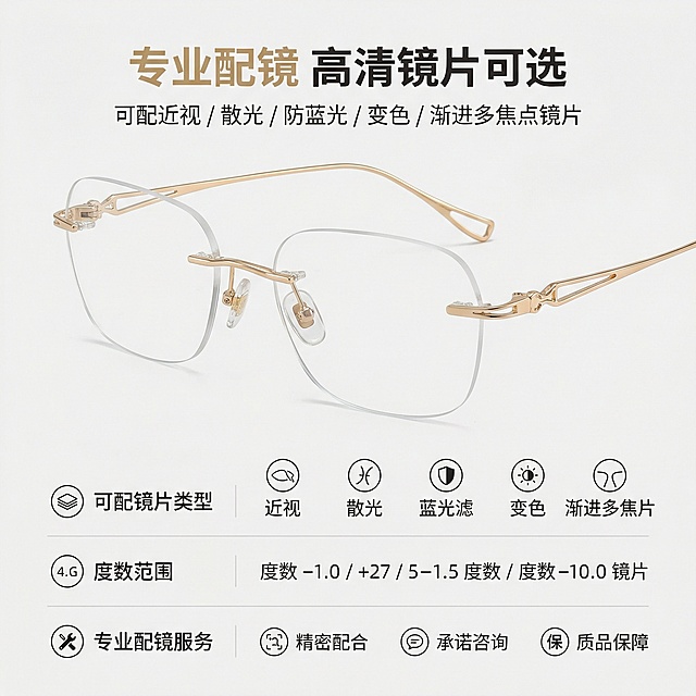 8K 超高清商业摄影，1:1 正方形竖版构图，极简轻奢高级感杂志风排版，画面上半部分为无框香槟金近视眼镜的斜侧角度高清展示，背景为纯净浅灰色哑光高级背景，搭配柔和侧光呈现产品质感；画面下半部分为精致排版的配镜参数与服务内容，采用左图标右文字的列表式排版，清晰呈现可配镜片类型、度数范围、专业配镜服务等信息。画面顶部居中设置主标题："专业配镜 高清镜片可选"，极简粗体无衬线字体，香槟金色；主标题下方设置副标题："可配近视 / 散光 / 防蓝光 / 变色 / 渐进多焦点镜片"，细体无衬线字体，深灰色，居中对齐排版。严格还原产品细节：无框设计、香槟金细金属镜架、镂空镜腿设计、透明鼻托、透明镜片；保持产品的真实材质质感：镜架为高光细腻香槟金金属质感，镜片为高透无色透明质感，鼻托为亲肤哑光硅胶质感。整体画面采用上文下物、下参数的杂志式排版，信息层级清晰，文字易读，留白充足，整体风格与首图统一，无割裂感，文字全部采用统一极简无衬线字体。避免模糊、失焦、像素低、产品变形、镜架颜色偏差、结构错误、文字密集拥挤、排版混乱、背景杂乱、光影杂乱刺眼、文字模糊、产品比例失调、多余装饰元素、字体风格不统一、信息错误