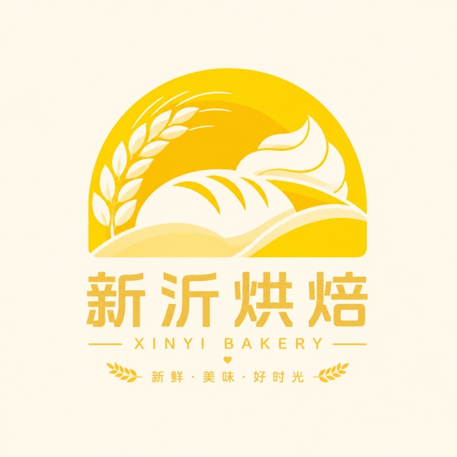 黄色配色，新沂品牌logo设计，参考原图的大弧度半圆几何块面风格，设计有层次感，将甜品烘焙元素（比如面包、小麦、奶油造型）自然融入，保持简约现代的设计感，整体干净饱满，符合甜品烘焙品牌的温馨氛围，文字预览效果