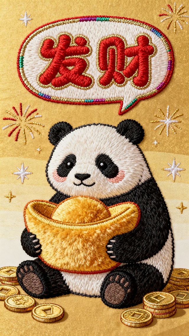 刺绣风熊猫捧金元宝，拟人化萌趣十足，国潮元素融合喜庆烟花与“发财”字样，传递新春吉祥祝福。