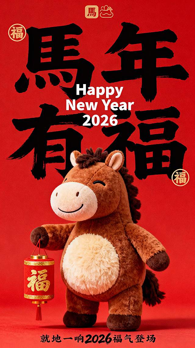 纯正面小马，Q版棕褐配色的拟人毛绒小马公仔（腹部是浅米色毛绒，单眼眯起微笑，鬃毛为深棕短绒质感，圆鼓鼓的肚子），站立，一手提 “福” 字圆柱形灯笼；红色背景，搭配红 / 金（灯笼）；小马公仔位于画面中下部核心区域；画面上部排布大号黑色毛笔大字 “馬年  有福”（笔触清晰），中间叠印白色体小字 “Happy    New Year   2026” ，背景文字两侧点缀圆形 “福” 字标识，画面顶部有小型 “馬” 字图形标识，底部有黑色很小的字 “就地一响 2026 福气登场”（2026为毛笔字体）