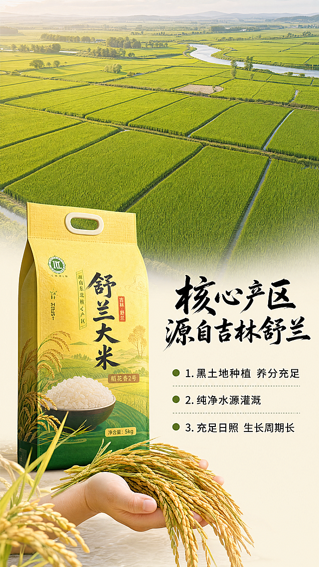 [第2屏] 产地优势展示-吉林舒兰核心产区舒兰大米。
[氛围/风格] 自然原生态风，真实东北稻田实景，充满生机，清新治愈。
[元素布局] 画面上半部分采用满铺的航拍舒兰稻田实景，层层叠叠的绿色稻田延伸到远方，画面下半部分左侧摆放【图1】的产品包装袋，占比约40%，右侧留出文字区域，双手捧着饱满稻穗放在包装旁边，整体信息饱满，不空洞。
[光影质感] 自然光感，柔和侧光，稻田层次分明，稻穗颗粒清晰，包装立体感强。
[配色色系] 全局底色：#F6F3E6（浅米黄）；主体配色：大面积绿色稻田+产品包装袋原有黄色绿色；辅助色：深绿色文字，整体色调统一和谐。
[视角构图] 上远景航拍稻田，下近景产品+稻穗，竖版上下构图，阅读动线从上到下。
[文字版式] 顶部大标题「核心产区 源自吉林舒兰」，黑色书法感标题，居中排列，下方右侧分三点列出产地优势：「1. 黑土地种植 养分充足」「2. 纯净水源灌溉」「3. 充足日照 生长周期长」，每点左侧搭配绿色小圆点，字体为无衬线黑色，字号清晰适合移动端阅读。字形字色字效遵循首屏设定，不新增颜色和风格。
[比例分辨率] 9:16竖版比例，4K分辨率，文字清晰可辨，超高清。
[负向提示词] 包装变形，文字错乱，颜色偏差，水印，背景杂乱，虚假场景