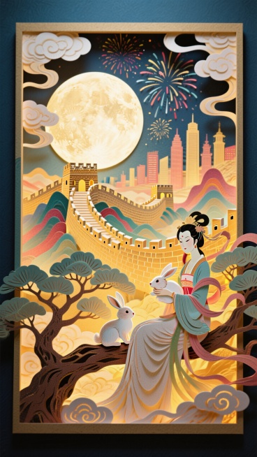 全景构图，近景是嫦娥抱着玉兔的坐在玉桂树上的侧影，中间是蜿蜒雄伟的长城和繁华的城市建筑，背后是圆月和烟花，画面四周祥云环绕，画面整体充满喜庆和华丽，画面呈现喜庆的暖色调预览效果