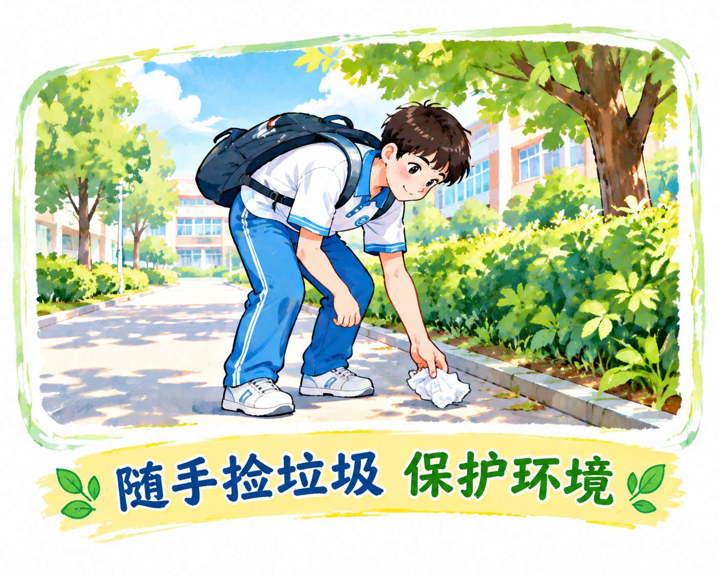从这张黑板报中提取并单独生成第三张插画：一名穿着校服的男生弯腰… - 图片创意预览