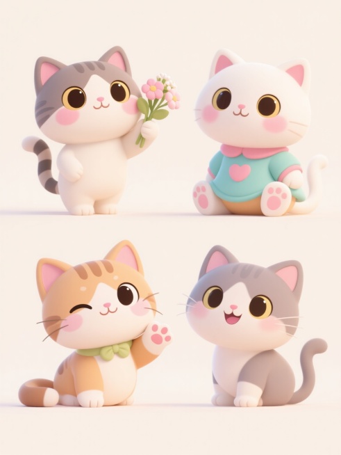 4个不同品种的可爱小猫，采用Q版卡通风格，圆润的线条和柔和的色彩，上下两行对齐排列在浅色背景上。每只小猫都有大大的圆眼睛，粉嫩的脸颊，穿着不同颜色的可爱服装，姿态各异：一只站立举着小花束，一只坐着歪头眨眼，一只趴着挥爪，一只侧身微笑。整体画面明亮温馨，充满童趣，细节精致，边缘柔和，没有文字和LOGO。预览效果