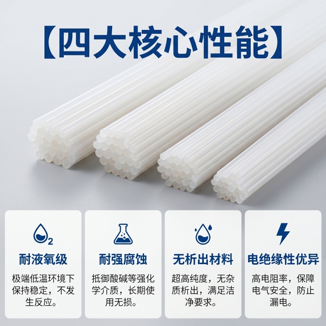 [主图 3] 四大核心性能卖点展示。氛围风格：专业工业清晰风。画质：商业摄影质感、光线柔和通透、产品清晰真实、画面干净高级。元素：画面上方展示大直径PCTFE三氟棒产品，保留产品半透奶白色质感，保持外预览效果