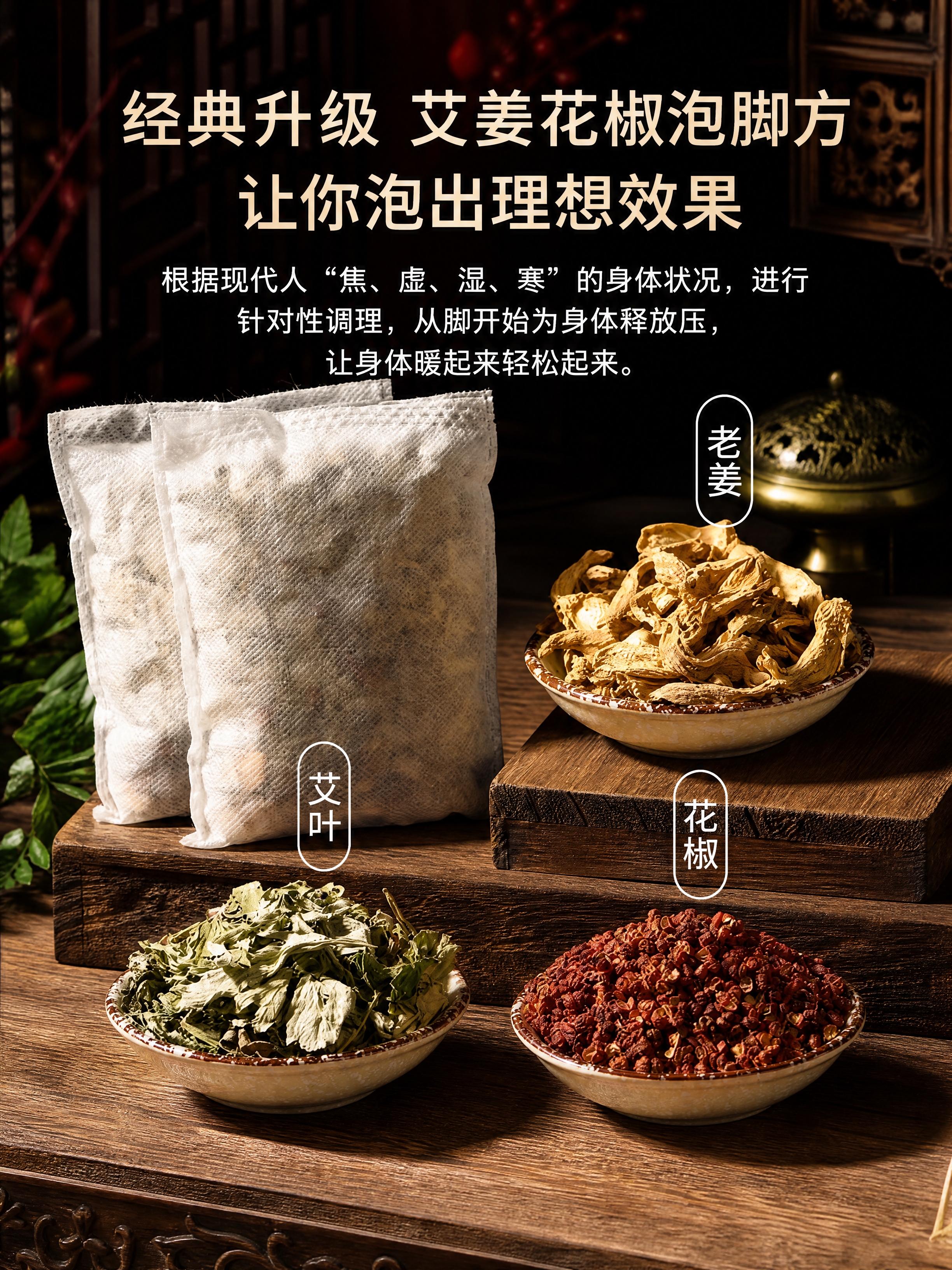 拼多多电商详情页第五张，标题“经典升级 艾姜花椒泡脚方 让你泡… - 图片创意预览