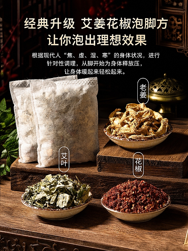拼多多电商详情页第五张，标题“经典升级 艾姜花椒泡脚方 让你泡出理想效果”，正文“根据现代人“焦、虚、湿、寒”的身体状况，进行针对性调理，从脚开始为身体释放压，让身体暖起来轻松起来。”，画面展示三碗分别盛放的艾叶、老姜、花椒原料和两袋泡脚包，摆放在中式木质台面上，每种原料旁有文字标注，深色中式背景，氛围感强，文字清晰，电商详情页风格，3:4竖版构图
