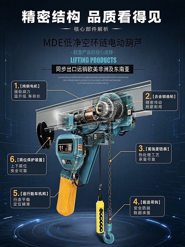 [商品] 使用【图1】MDE低净空环链电动葫芦；保留全部结构、颜色、材质、Logo和商品文字；产品精修。

[画面] 页面目标：结构材质解析，展示内部核心部件与工艺。构图：中心主体+周围引线标注式结构说明图。产品主体位于画面中心，呈半透明剖面效果，可看到内部电机、齿轮、链条传动结构。周围有6条引线指向不同部件，每条引线末端有信息说明框。背景：深灰蓝色渐变背景，带有科技感的线条和光点装饰，突出技术专业感。

[视觉] 套系策略：风格=工业专业商业摄影风；标题字=粗黑体无衬线；正文字=简洁无衬线体；主色=深灰蓝；背景延展=基于深灰蓝做深浅层级、同色渐变和金属/水泥质感；强调色=橙黄色，仅用于小面积图标、引线、标签和重点数字；标题色=白色；正文色=浅灰；组件=半透明剖面效果、细线引线、圆角信息框；光影=科技感冷光，金属部件高光清晰，剖面层次分明。

[文字] 顶部主标题："精密结构 品质看得见"，白色粗体大字。副标题："核心部件解析"，浅灰色小字。6个结构标注：1.【纯铜电机】强劲动力 温升低 寿命长；2.【合金钢齿轮】精密传动 耐磨耐用；3.【高强度链条】热处理工艺 承重可靠；4.【锻造吊钩】安全防脱 稳固承重；5.【运行跑车机构】行走平稳 定位精准；6.【限位保护装置】上下限位 安全可靠。引线为橙黄色细线，信息框为深灰蓝底白字圆角矩形。

[规格] 图片比例3:4竖版，4K，避免变形、错字、文字过小、内部结构虚构、产品外观改变、水印、绝对化用语