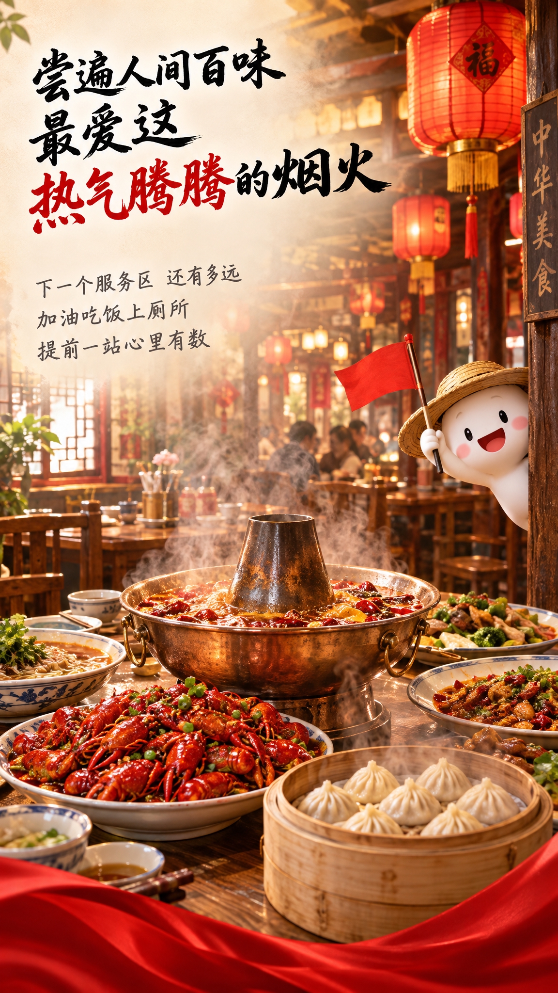竖版中式餐馆内景海报，温暖的灯光，红灯笼高挂，木质桌椅，桌上摆… - 图片创意预览