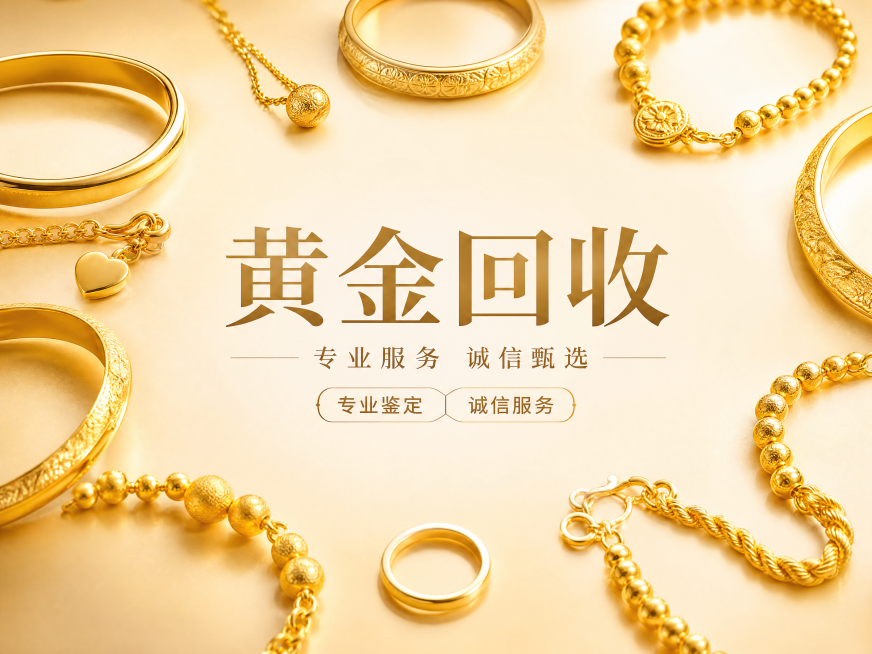 基于参考图生成黄金回收4:3海报，保留主题文案"黄金回收" "专业服务 诚信甄选" "专业鉴定" "诚信服务"，不要出现价格、电话、变现词汇、钻石及钻石标志，采用中心留白构图，黄金饰品围绕中心文字摆放预览效果