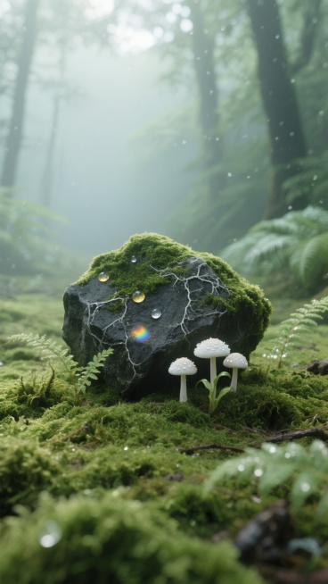 超写实摄影风格，俯视角微距镜头下的晨雾弥漫古老森林地表，画面以清新柔和的浅绿色渐变背景为主，营造宁静自然的氛围。前景是覆盖着绒毯般鲜绿苔藓的地面，苔藓呈现出细腻的纹理和饱满的质感，其间点缀着半透明的蕨类嫩芽和三朵顶戴珍珠晨露的白色小蘑菇，中央位置一块布满深绿苔藓的不规则灰黑色岩石被细密的银灰色菌丝网络温柔托举，岩石表面镶嵌着几粒折射彩虹光晕的露珠，边缘略显粗糙，整体形态自然质朴。构图采用近景特……预览效果
