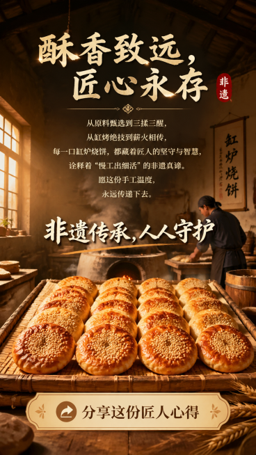 9:16竖版H5结尾总结页，主标题："酥香致远，匠心永存"，正文内容："从原料甄选到三揉三醒，从缸烤绝技到薪火相传，每一口缸炉烧饼，都藏着匠人的坚守与智慧，诠释着'慢工出细活'的非遗真谛。愿这份手工温预览效果