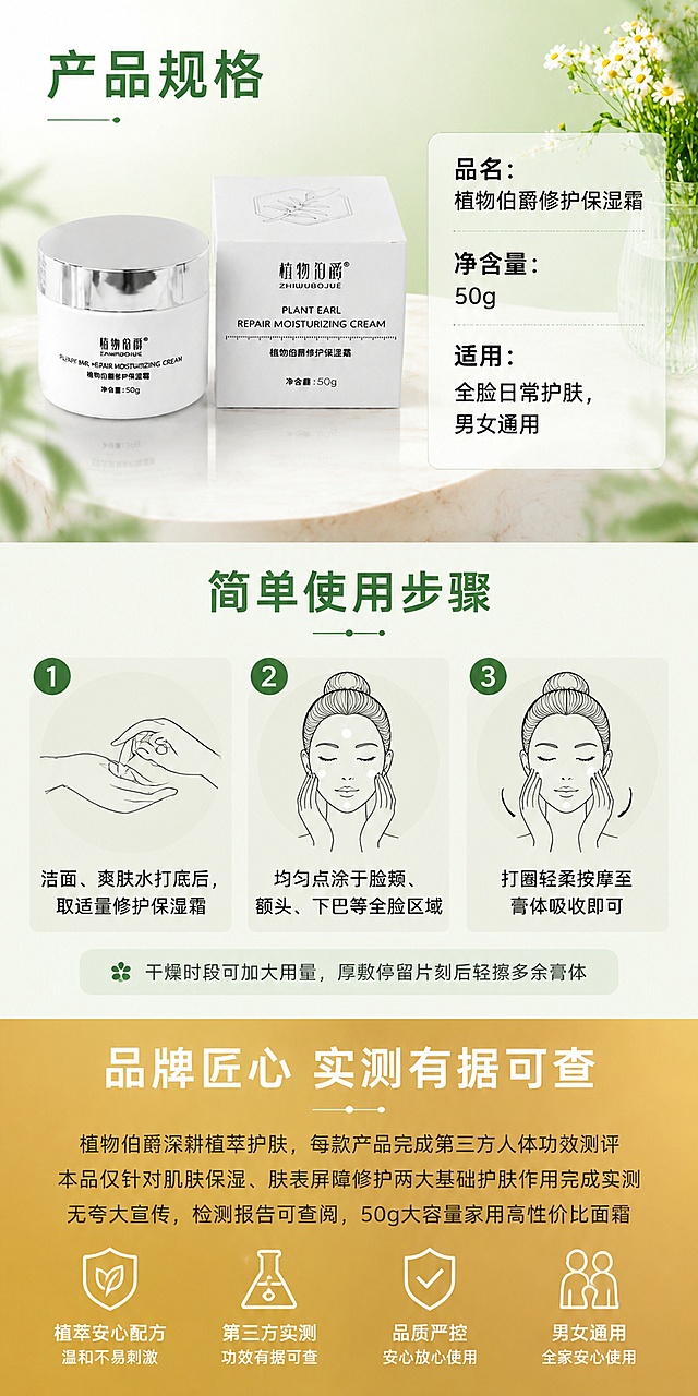 [第7屏] 产品规格&使用方式+底部信任收尾。本屏使用【图5】作为产品瓶身+外盒+使用场景参考，保持产品外观一致。
[氛围/风格] 清新日常风，浅绿渐变背景+大理石台面+白色小花瓶装饰，商业摄影质感，温馨可信。
[元素布局] 画面上半部分为产品规格信息，左侧放产品瓶+外盒组合图，右侧为规格参数表；中间部分为三步使用步骤图示，配手部动作简图；下半部分为品牌信任收尾文案；背景有虚化绿叶和洋甘菊小花瓶点缀。
[光影质感] 左上方柔光，产品自然投影，整体明亮温馨。
[配色色系] 全局底色 #E8F3E8 浅绿渐变；主色深绿 #1A5C3A；底部金色 #C9A227 收尾条；辅助色白色。
[视角构图] 上下结构，上产品+规格，中步骤，下品牌信任，阅读动线从上到下。
[文字版式] 上部标题「产品规格」，规格表：「品名：植物伯爵修护保湿霜」「净含量：50g」「适用：全脸日常护肤，男女通用」。中部标题「简单使用步骤」，三步：1.「洁面、爽肤水打底后，取适量修护保湿霜」2.「均匀点涂于脸颊、额头、下巴等全脸区域」3.「打圈轻柔按摩至膏体吸收即可」，附小字「干燥时段可加大用量，厚敷停留片刻后轻擦多余膏体」。底部金色横条区主标题「品牌匠心 实测有据可查」，正文「植物伯爵深耕植萃护肤，每款产品完成第三方人体功效测评」「本品仅针对肌肤保湿、肤表屏障修护两大基础护肤作用完成实测」「无夸大宣传，检测报告可查阅，50g大容量家用高性价比面霜」。文字清晰可读。
[负向提示词] 产品变形，水印，文字错乱，文字过小，缺件错件，颜色偏差，包装文字错乱，产品图模糊，背景杂乱，AI水印。