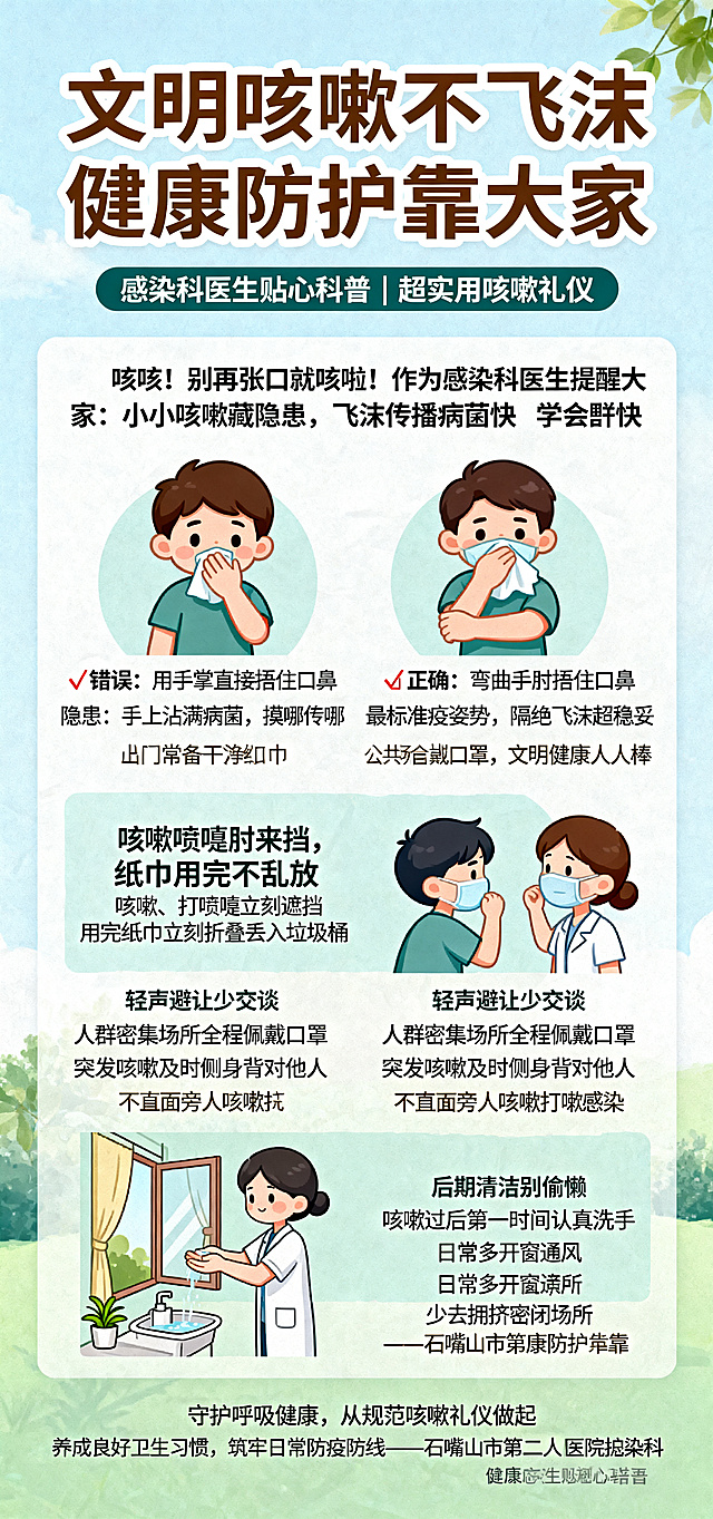 设计一幅咳嗽礼仪科普长图，适配医院宣传栏，整体风格是清新医疗风结合趣味卡通风，主色调为浅蓝+暖白+浅绿，配图包含卡通小人、口罩、纸巾、手肘遮挡示意图，要求一图读懂，老少易懂。
顶部醒目顶栏大标题："文明咳嗽不飞沫 健康防护靠大家"
副标题："感染科医生贴心科普｜超实用咳嗽礼仪"
开篇趣味引言（医生口吻）：
咳咳！别再张口就咳啦！
作为感染科医生提醒大家：
小小咳嗽藏隐患，飞沫传播病菌快
学会正确咳嗽礼仪，远离呼吸道传染病！
分四块图文排版四大核心礼仪：
礼仪1：咳嗽捂对地方
拒绝手掌捂嘴 ❌错误：用手掌直接捂住口鼻 隐患：手上沾满病菌，摸哪传哪 ✅正确：弯曲手肘捂住口鼻 最标准防疫姿势，隔绝飞沫超稳妥
礼仪2：随身备好纸巾
文明遮挡首选 出门常备干净纸巾 咳嗽、打喷嚏立刻遮挡 用完纸巾立刻折叠丢入垃圾桶 不随手乱扔，杜绝病菌扩散
礼仪3：公共场合戴口罩
轻声避让少交谈 人群密集场所全程佩戴口罩 突发咳嗽及时侧身背对他人 不直面旁人咳嗽打喷嚏 保持距离，减少交叉感染
礼仪4：勤洗手多通风
后期清洁别偷懒 咳嗽过后第一时间认真洗手 日常多开窗通风 少去拥挤密闭场所 呼吸道疾病通通远离
中间醒目位置放置趣味顺口溜：
"咳嗽喷嚏肘来挡，纸巾用完不乱放 公共场合戴口罩，文明健康人人棒"
底部落款医生暖心结语：
"守护呼吸健康，从规范咳嗽礼仪做起
养成良好卫生习惯，筑牢日常防疫防线
——石嘴山市第二人民医院感染科 健康科普"