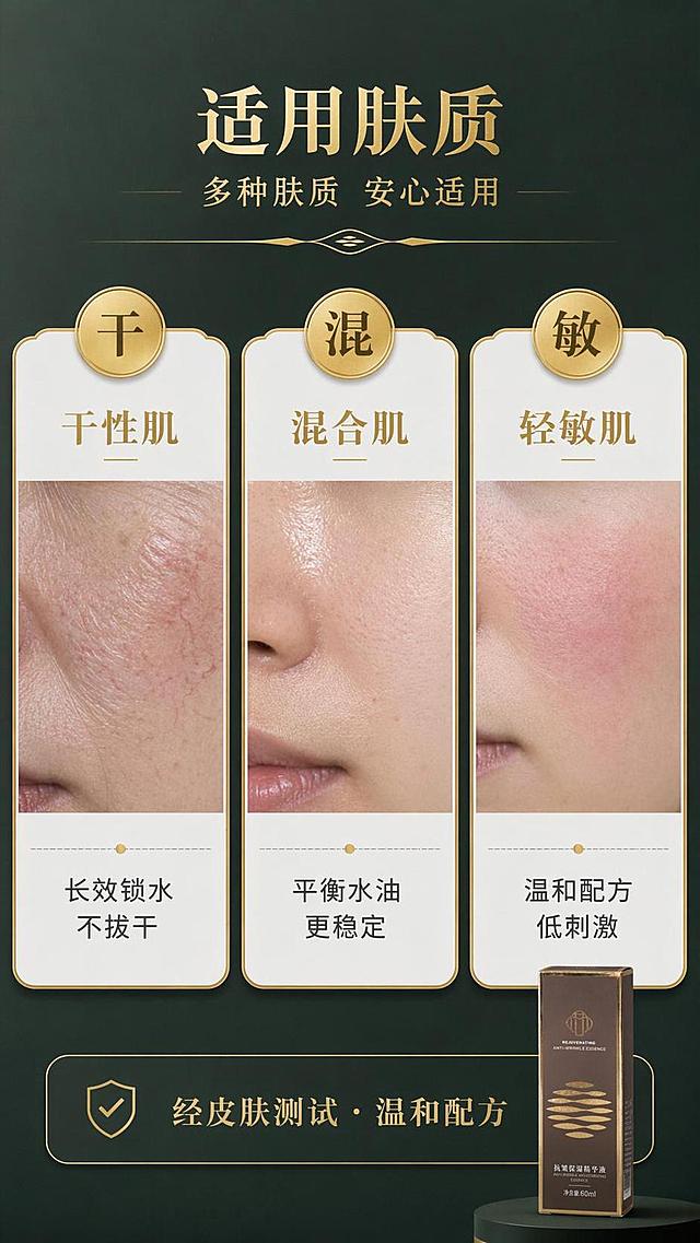 [第6屏] 适用肤质屏 - 肤质分格型展示。本屏以【图1】包装盒为视觉锚点，但主体为3格肤质卡片设计。

[氛围/风格] 简约专业医疗美学风，深墨绿渐变底（#2E3A35 → #3A4A45），金色边框与标题，强调可信与适配性。

[元素布局] 画面均分为3竖栏卡片：左「干性肌」配真实干燥肤质局部图（微红血丝+细纹）+文字「长效锁水不拔干」；中「混合肌」配T区微油U区偏干肤质图+文字「平衡水油更稳定」；右「轻敏肌」配泛红但无破损肤质图+文字「温和配方低刺激」；每格顶部有金色圆形标签（干 / 混 / 敏）；底部统一横条提示「经皮肤测试 · 温和配方」，右侧融入【图1】产品小图（仅盒体局部，占比≤10%）。

[光影质感] 均匀柔光，肤质细节清晰可见但不过度锐化；卡片边缘带轻微阴影提升层次。

[配色色系] 全局底色 #2E3A35；卡片底色浅灰白（#F5F5F5）；标题与标签金色 #D4AF37；说明文字深灰（#333333）。

[视角构图] 正视平铺三栏，阅读动线自左至右；产品小图作为信任符号融入右下角，不干扰主信息。

[文字版式] 卡片标题金色粗体（18pt），说明文字深灰细体（14pt）；底部提示条居中，字号16pt；禁用“治疗”“根治”等词。

[比例分辨率] 9:16 竖版1080×192000，4K高清。

[负向提示词] 肤质虚构、产品变形、水印、文字错乱、医疗宣称、颜色偏差、背景杂乱、蚂蚁字、结构错误。