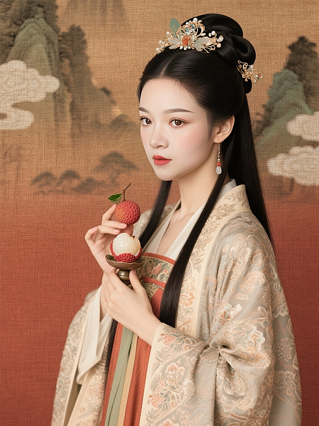 身穿唐代精美纹理服饰，高冷、大眼、丹凤眼、长睫毛、华丽发饰，手持荔枝相关物件，古风影视海报质感，暖棕红渐变背景，融入山水云纹，色调古朴典雅，有传统工笔渲染韵味