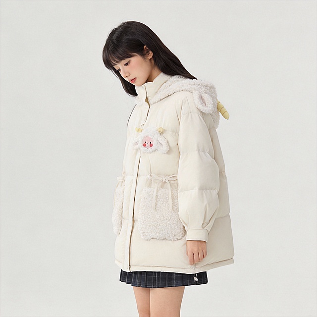 这是一款小羊连帽羽绒服，帮我生成10张人物模特图片，10张图片不同角度，要求同一个清纯女生模特，模特年龄大约28-40岁之间，学院风