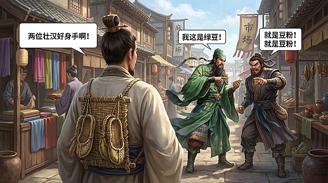 延续原图片的三国卡牌风格，去掉原有UI元素，场景改为古代市集，刘备背对着镜头扛着草鞋，远处关羽和张飞正在争执，三个人物都加上对话气泡，关羽气泡文字"我这是绿豆!"，张飞气泡文字"就是豆粉！就是豆粉！"，刘备气泡文字"两位壮汉好身手啊！"，整体风格保持写实国风卡牌画风