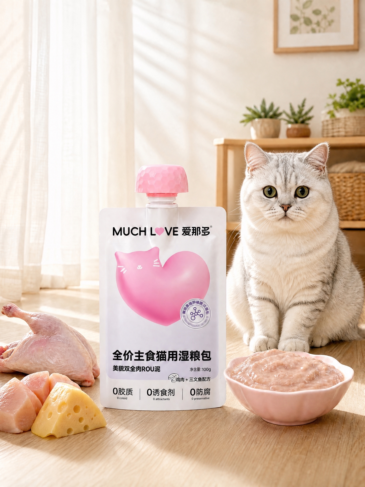 基于这张猫湿粮主图进行修改：1. 将银渐层猫的眼睛方向改为正视… - 图片创意预览