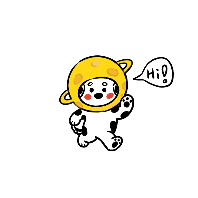 参考图1的黑色轮廓粗细和实线条笔刷风格，将这张图的笔刷和描边改成和图1完全一致，保持小狗原有的姿势、表情、比例、颜色、整体构图和设计全部不变，保留文字"Hi!"预览效果