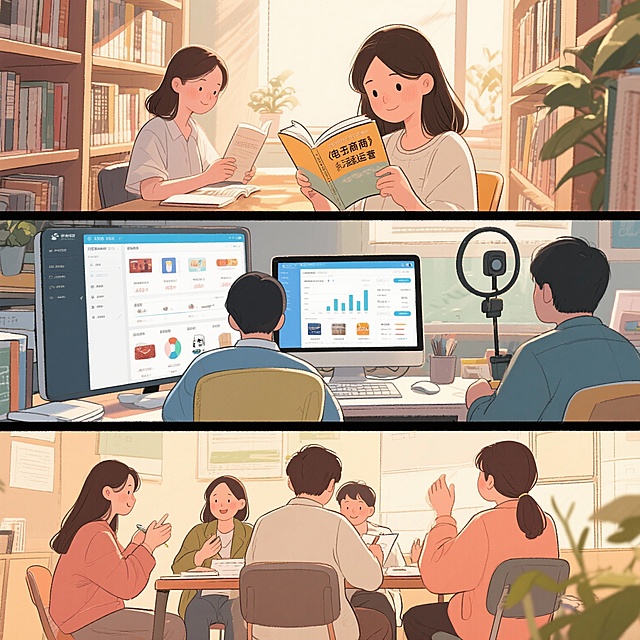 . 手绘治愈风（温柔有温度，适配情感向文案）
“手绘插画风格，3 个电商学习场景横向拼接，治愈柔和色调。① 图书馆里，女生认真翻看《电商运营》书籍，阳光洒在书页上；② 电脑前实操电商店铺后台，屏幕清晰显示商品分类、流量数据；③ 小组围坐热烈讨论直播带货脚本，分工记录、交流想法，线条细腻，画面温暖有朝气，无多余杂物，适配 H5 页面排版”